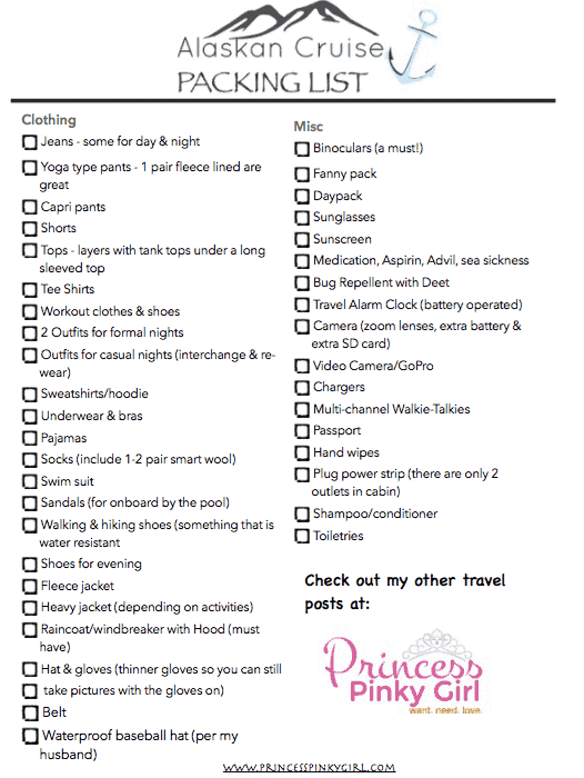 Alaska Cruise Packing List Page 2 Of 2 Princess Pinky Girl