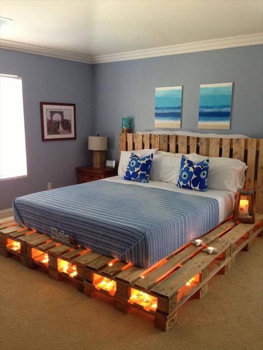 Wood Pallet Bed with Lights from DIY and Crafts Ideas