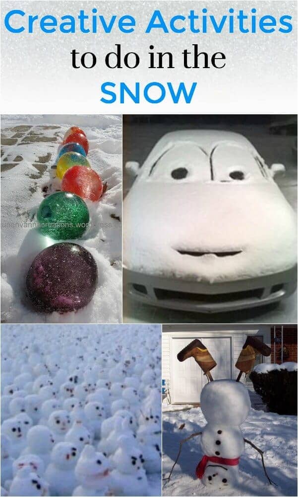 A collage image of creative activities to do in the snow