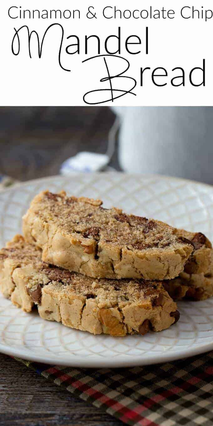 Cinnamon and chocolate chip Mandel bread on a white plate