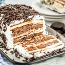 No Bake Ice Cream Sandwich Cake with a slice out of it