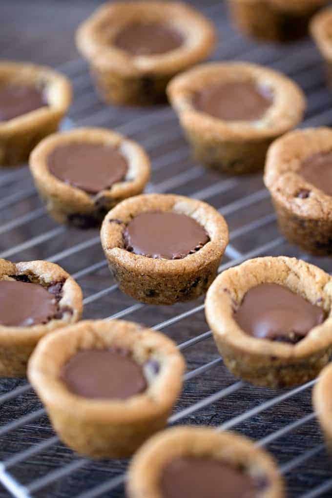 Peanut Butter Chocolate Chip Cookie Bites cooling on wire rack