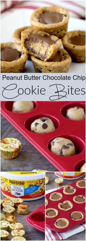 A Pinterest image of chocolate chip Reeses cookie bites in a red muffin tin