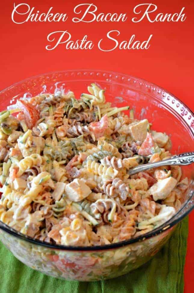 Chicken bacon ranch pasta salad and a glass bowl