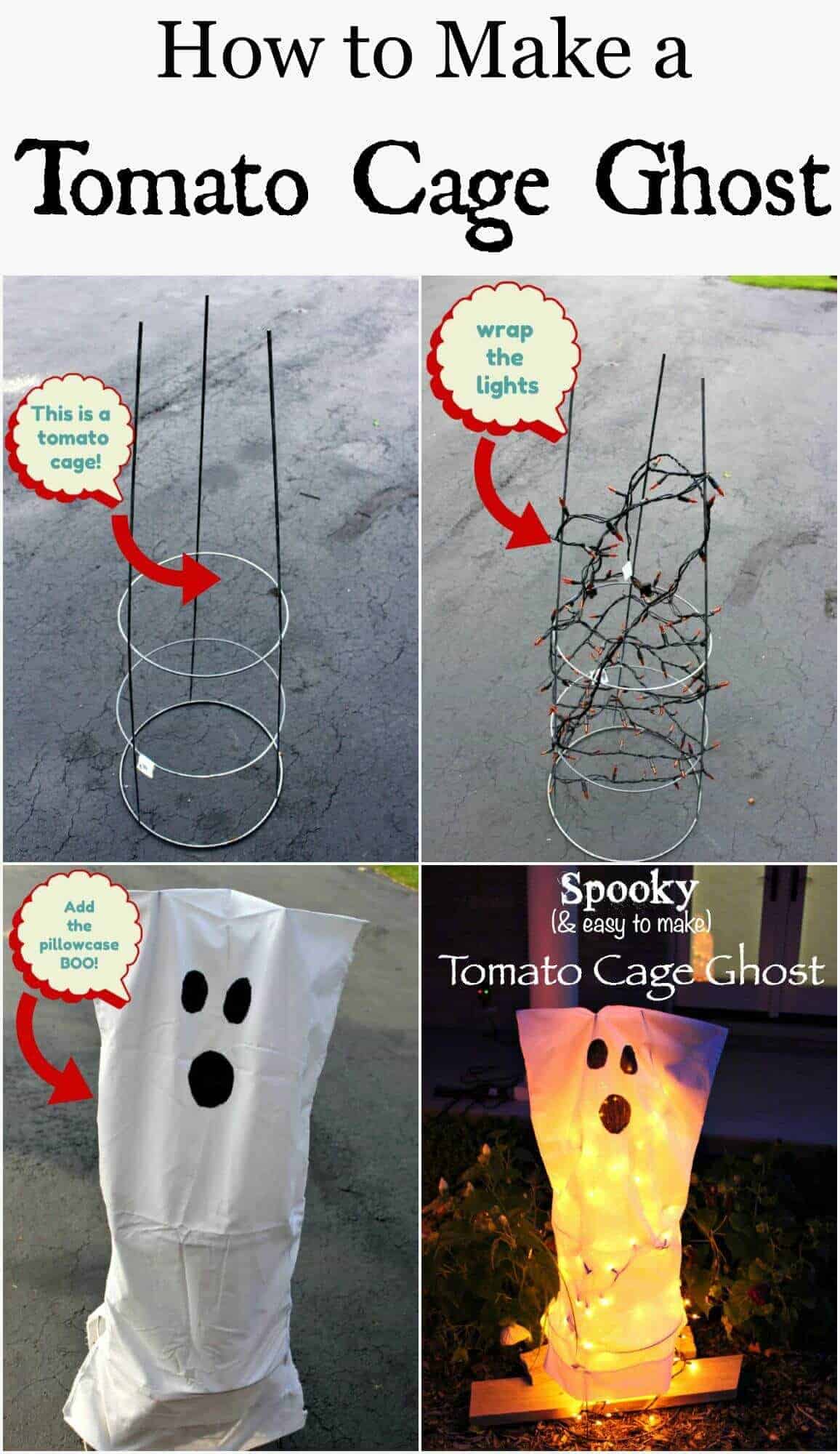 Four images on how to make a tomato cage ghost