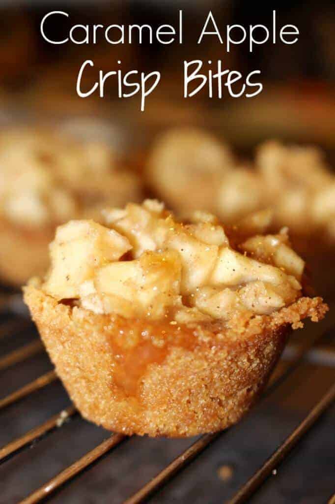 A close-up of caramel apple crisp bites on a wire rack