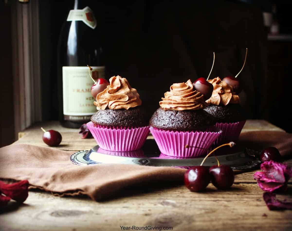Chocolate Espresso Cupcakes with Chocolate Dipped Cherries