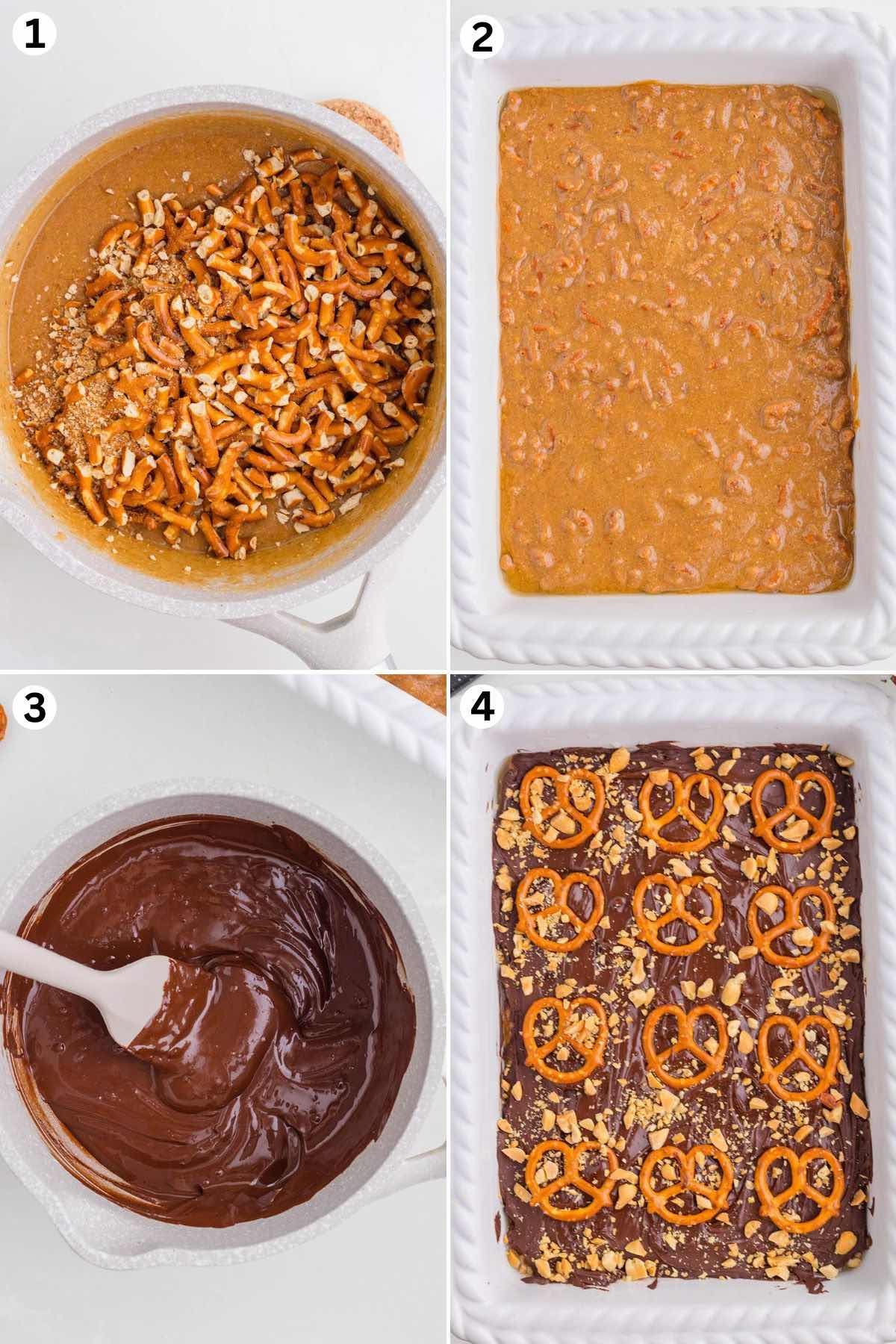 Melt the peanut butter, butter, and brown sugar then mix in the crushed pretzels. Spread the mixture evenly into the bottom of a baking dish. Melt the chocolate chips. Pour the melted chocolate then add the intact pretzels peanuts over the chocolate layer and sprinkle the crushed peanut.