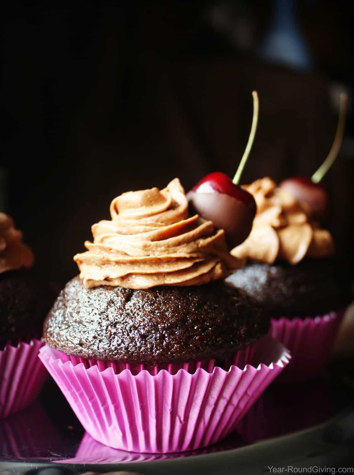 Chocolate Espresso Cupcakes with Chocolate Dipped Cherries