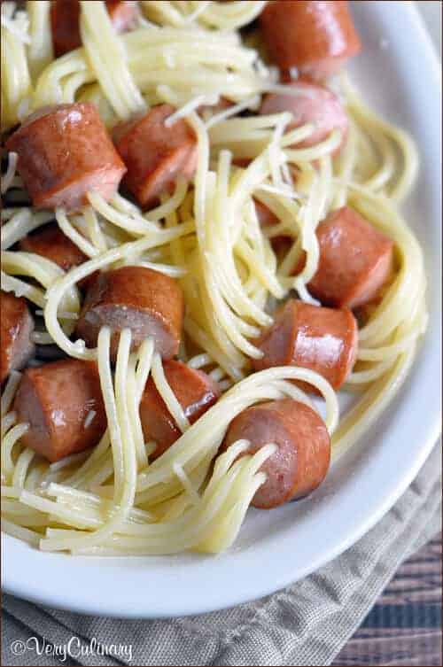 Hot dog and spagehetti noodles