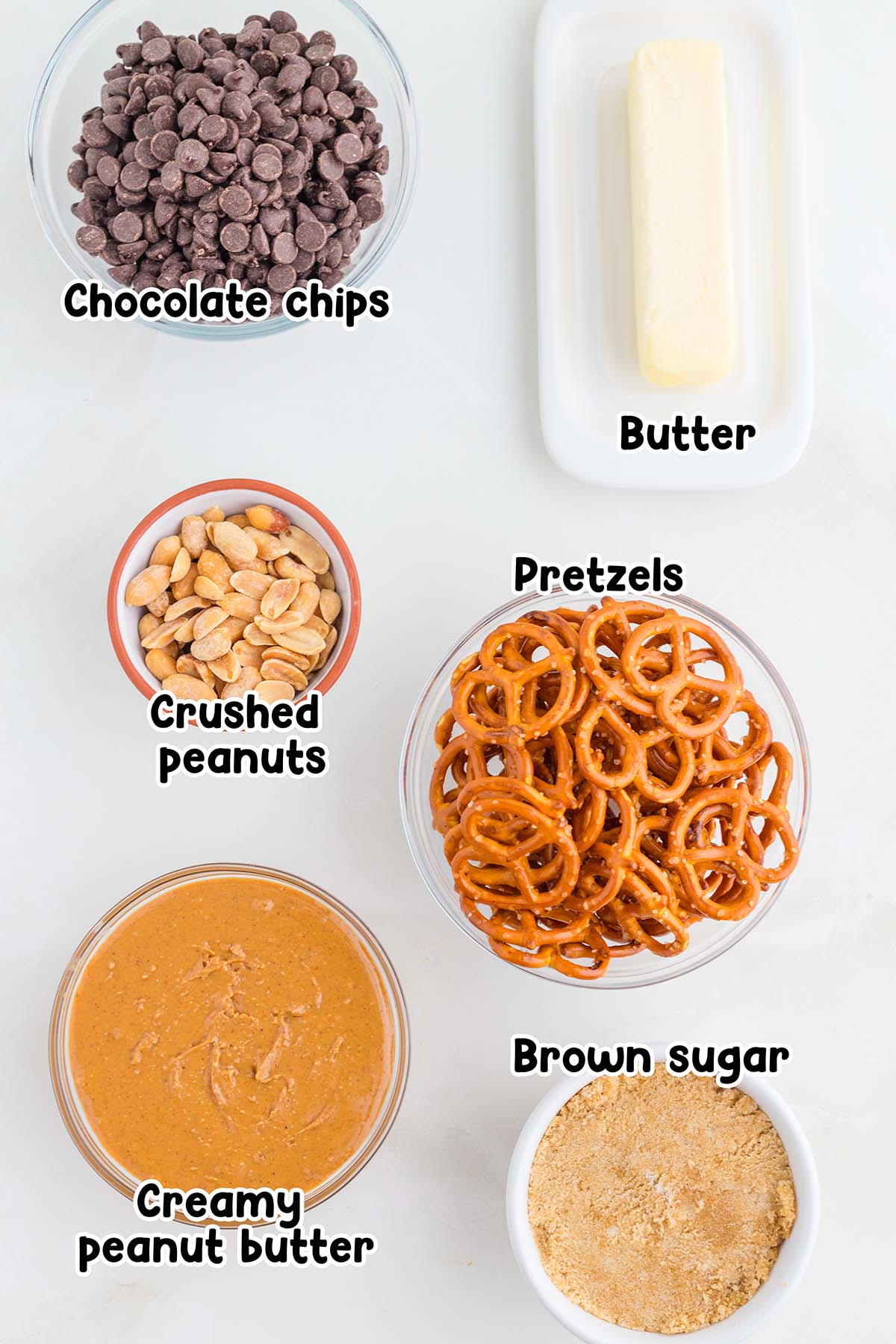 Chocolate Peanut Butter Pretzel Bars ingredients.