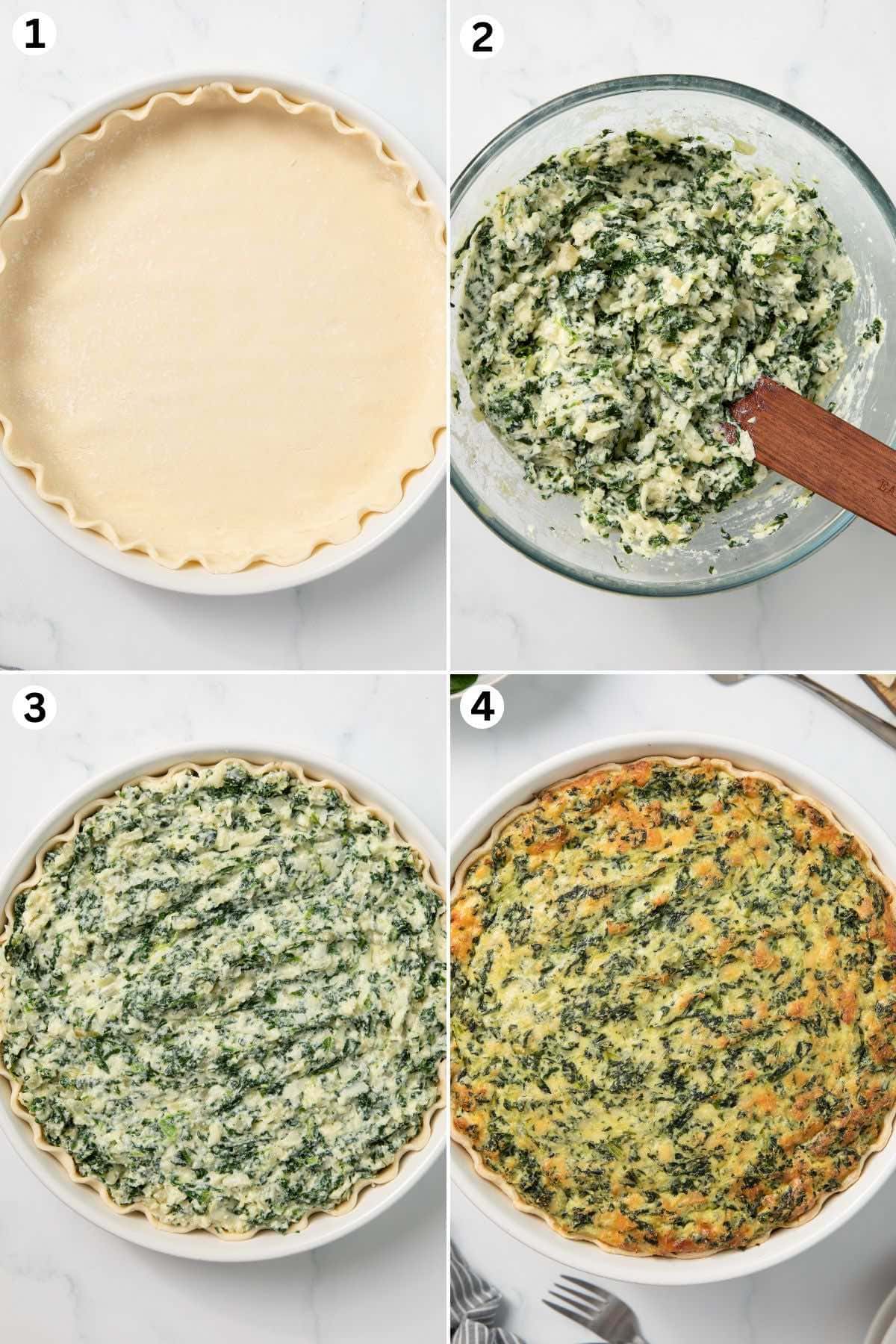 Unbaked pie crust in a dish, spinach and cheese mixture in a bowl, filling spread over the crust, and baked spinach pie with a golden top.