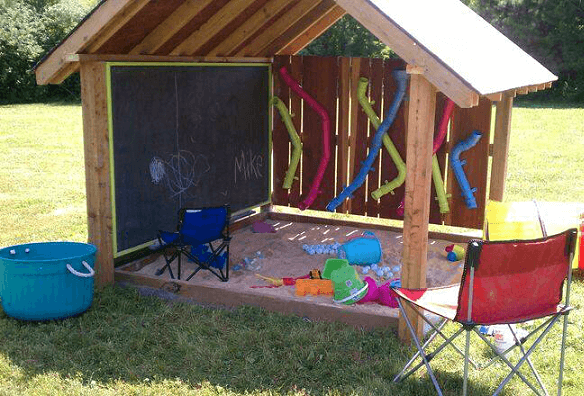 This outdoor playhouse has it all from Crafty Morning. I mean, I can't even!! This has it all!! I mean chalkboard wall, sandbox, activity wall and it is all covered to keep bad weather or harsh sun away from your little ones!