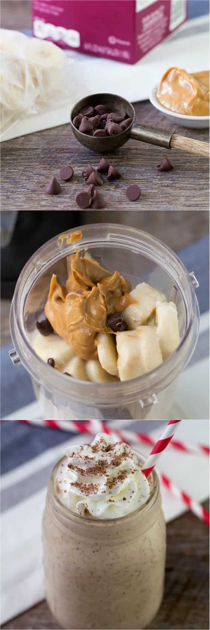 A blender cup filled with bananas peanut butter and chocolate chips