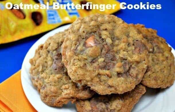 Oatmeal Butterfinger cookies stacked on a white plate