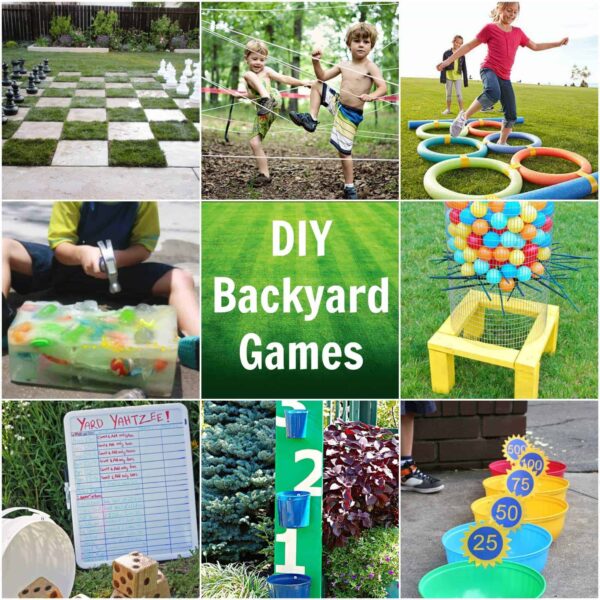 A collage of photos of backyard games