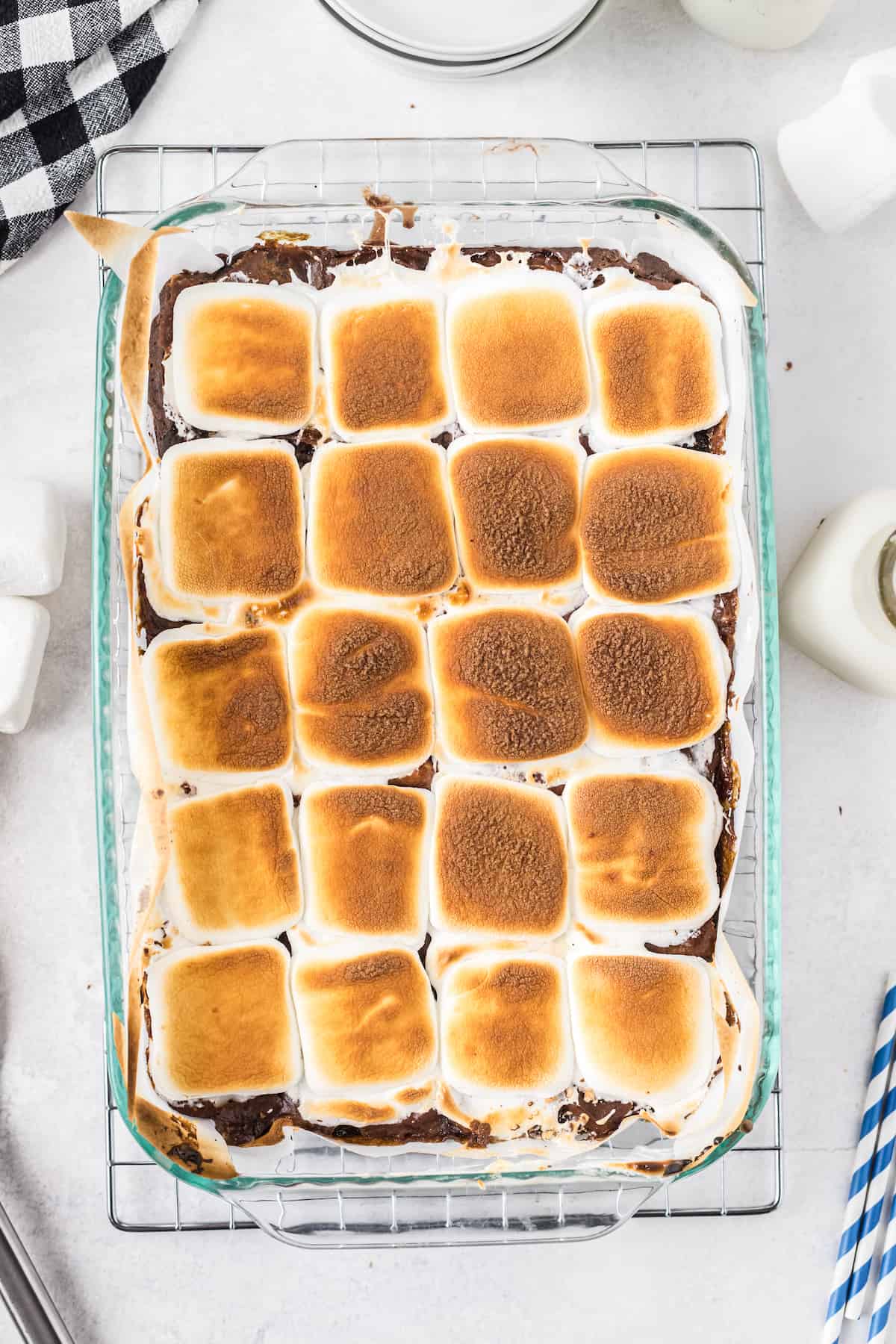 s'more brownies in a glass pan