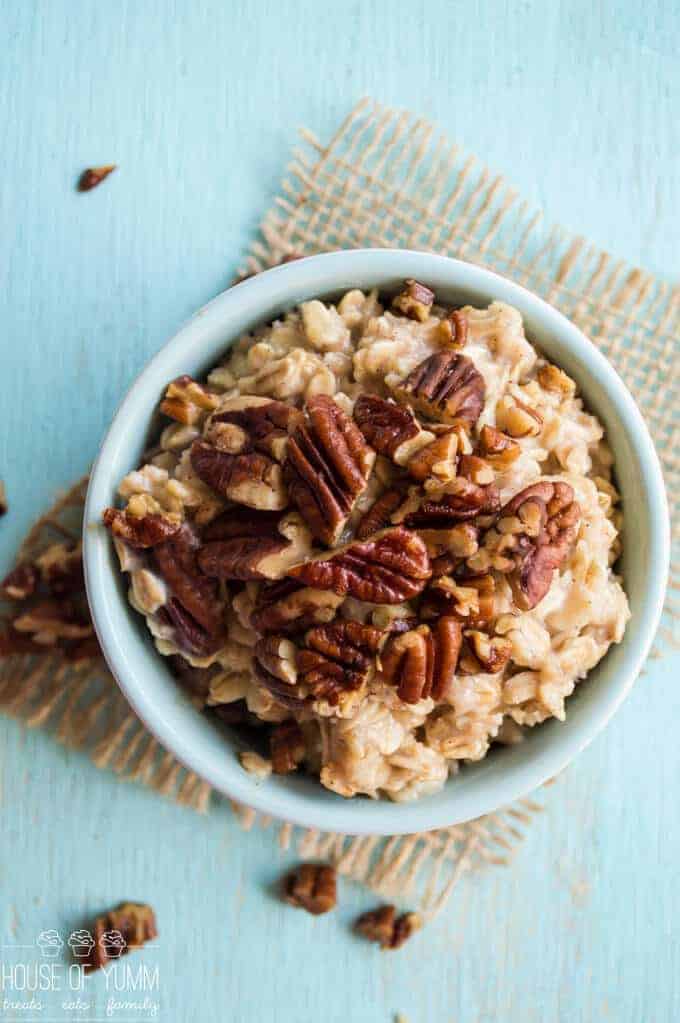A bowl of food on a table, with Oat and Pecan