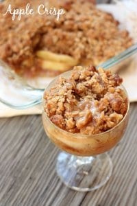 A bowl of food on a table, with Apple and Crisp