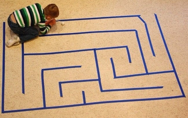 Painters tape maze - the possibilities are endless on a cold winter day