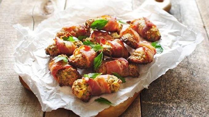 Bacon Wrapped Stuffing Bites by Tablespoon