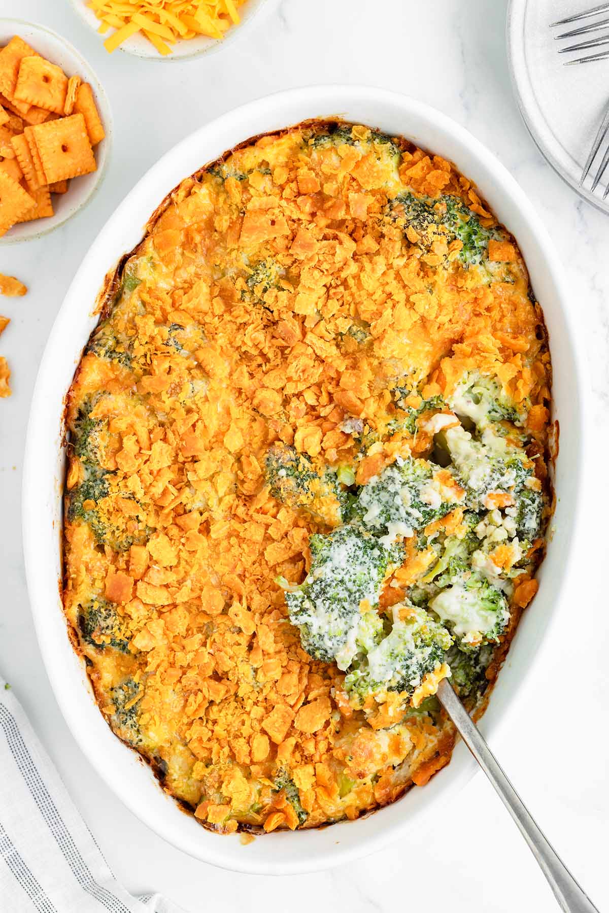 broccoli casserole with crushed cheese crackers on top.