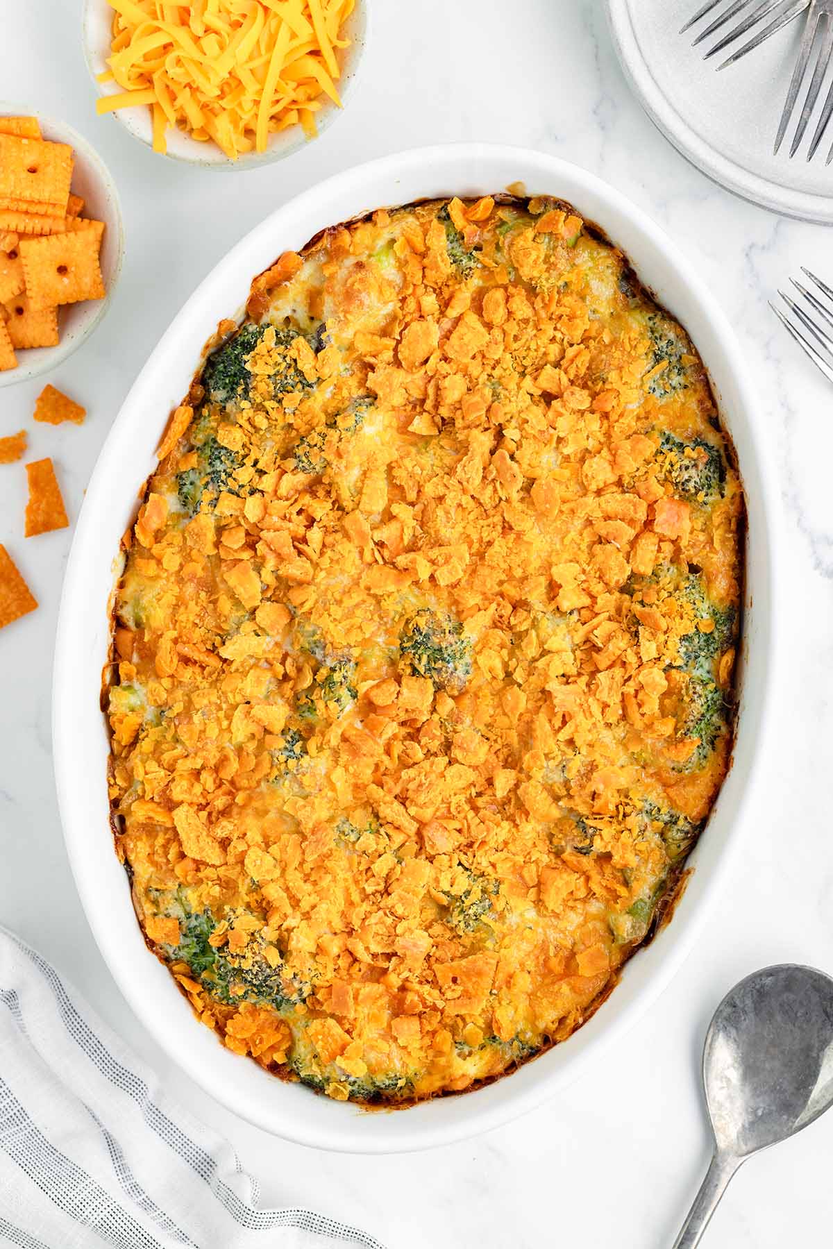 broccoli casserole with crushed cheese crackers.