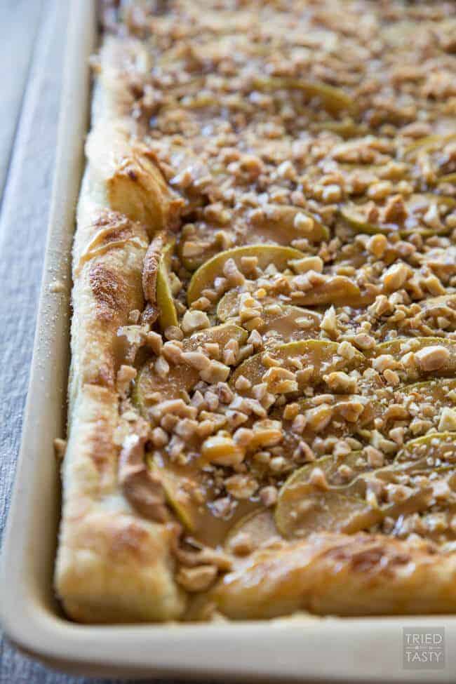 A close up of food, with Tart and Caramel