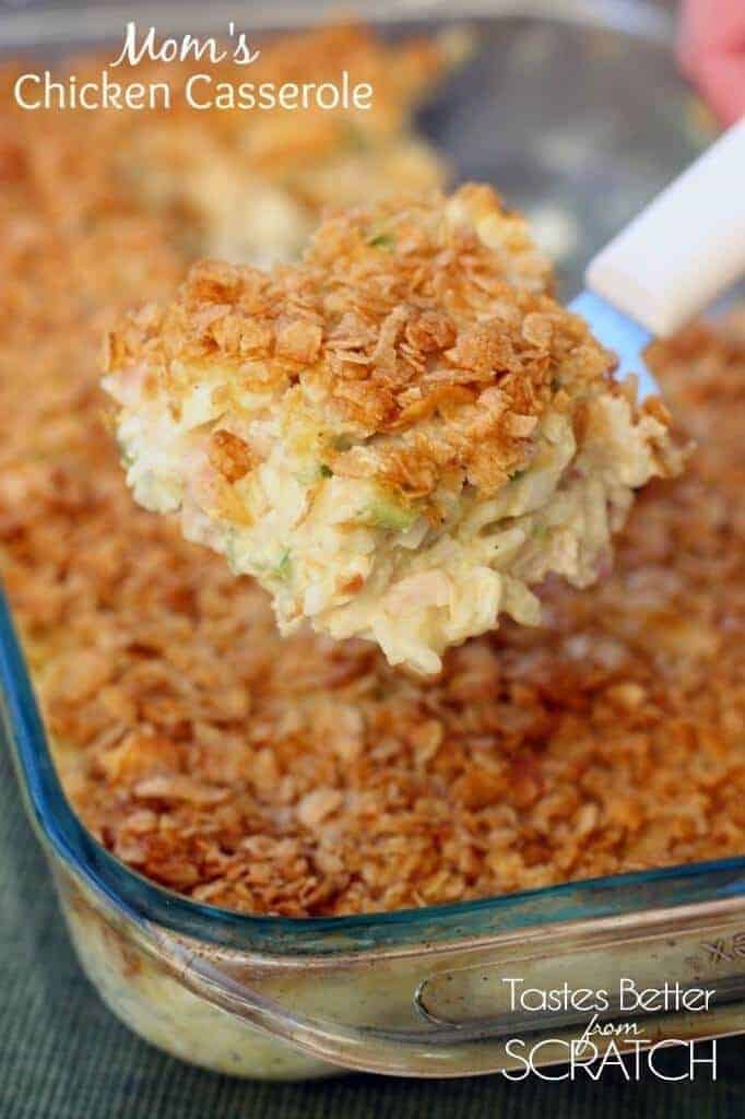 A close up of a plastic container of food, with Casserole and Chicken