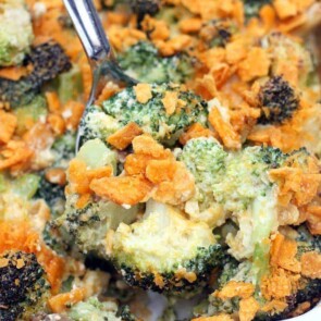 A dish is filled with food, with Broccoli and Casserole