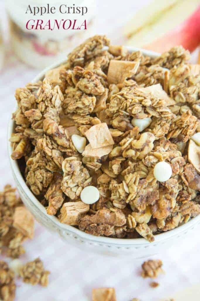 This Apple Crisp Granola recipe brings all the elements of that favorite fall dessert into a nutritious breakfast topper or snack