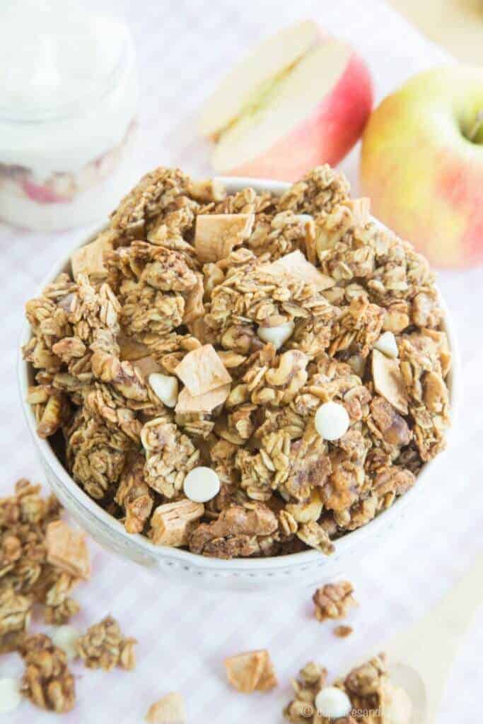 This Apple Crisp Granola recipe brings all the elements of that favorite fall dessert into a nutritious breakfast topper or snack