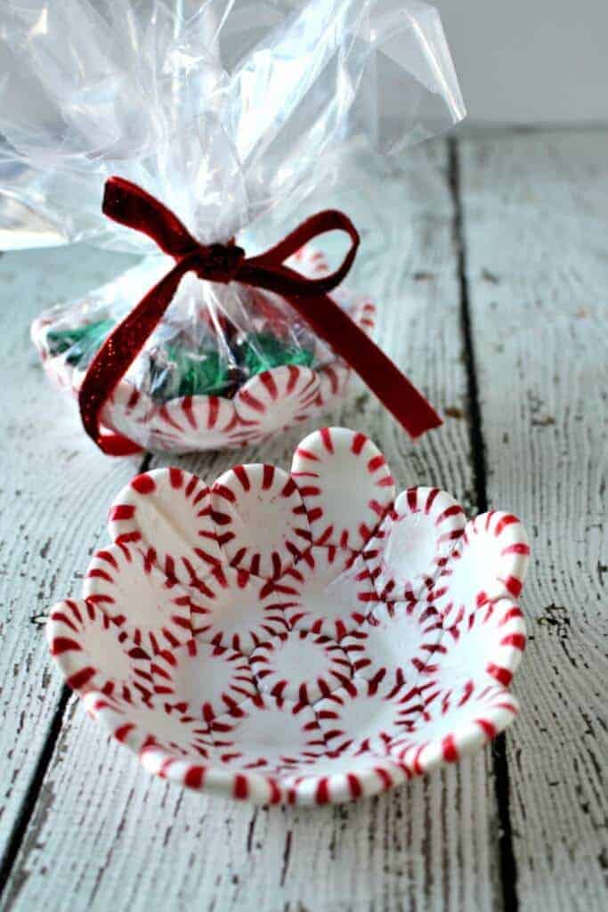 Peppermint Candy Bowl wrapped up as a gift with chocolate candy in it