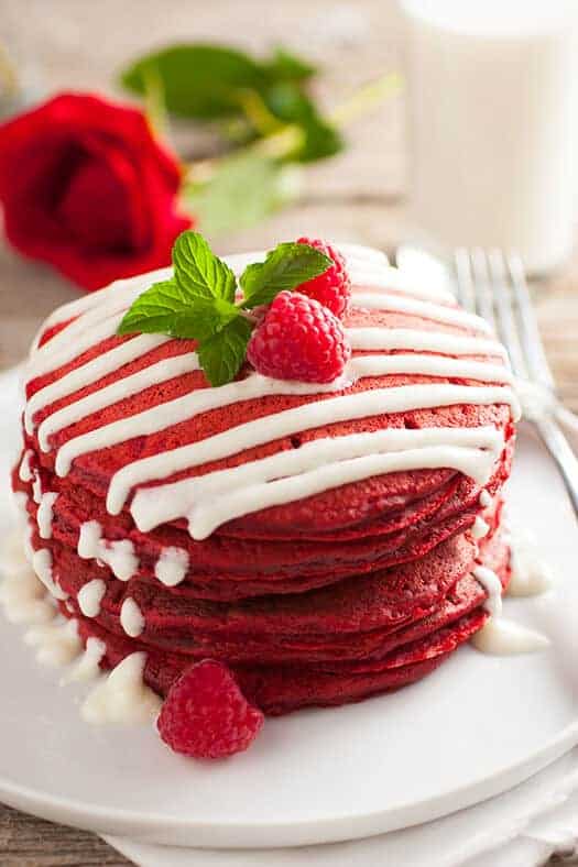 Red Velvet Pancakes with Cream Cheese Glaze by Cooking Classy