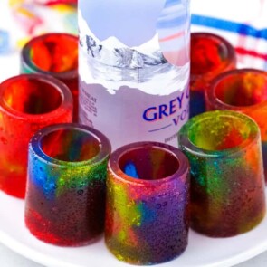 Jolly Rancher Shot Glasses on a plate with vodka