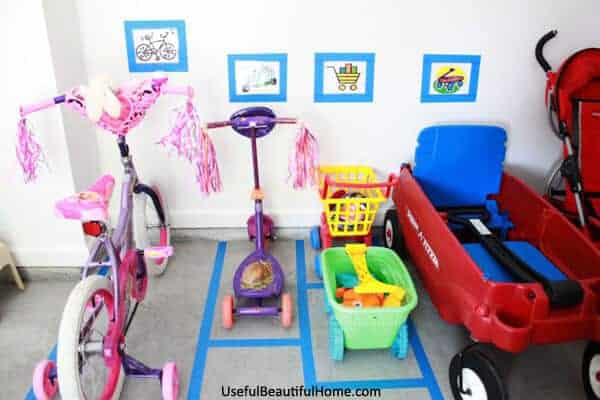 Use painters tape to make a toy garage parking lot from I'm an Organizing Junkie