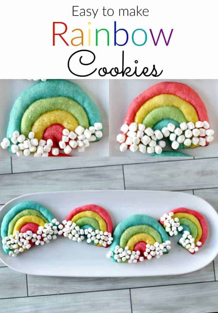 A collage of a rainbow cookies with mini marshmallows as clouds on a white plate