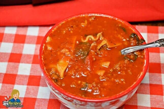 A bowl of lasagna soup with a red background