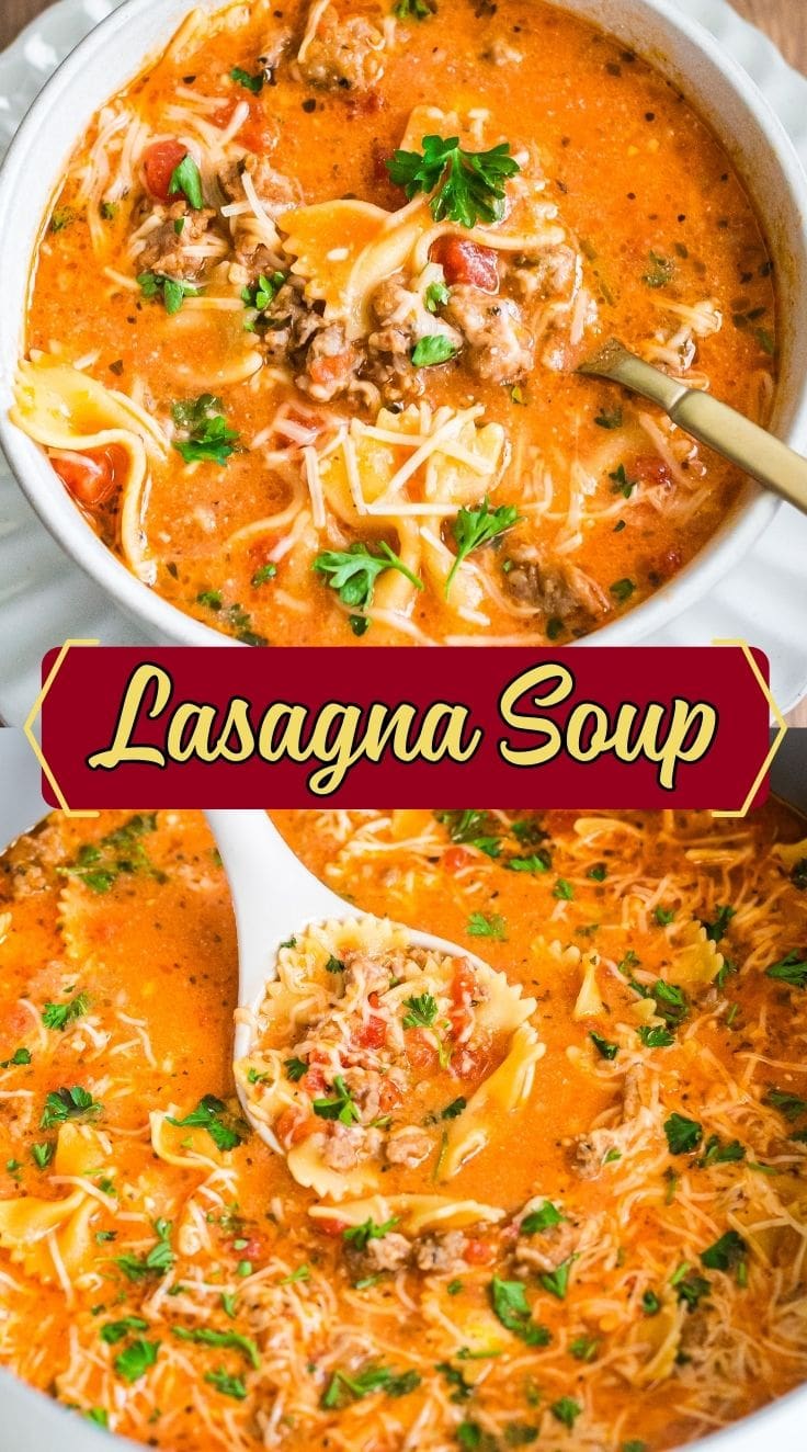Bowl of easy lasagna soup with noodles, tomato broth, and herbs, served as a cozy one-pot dinner.