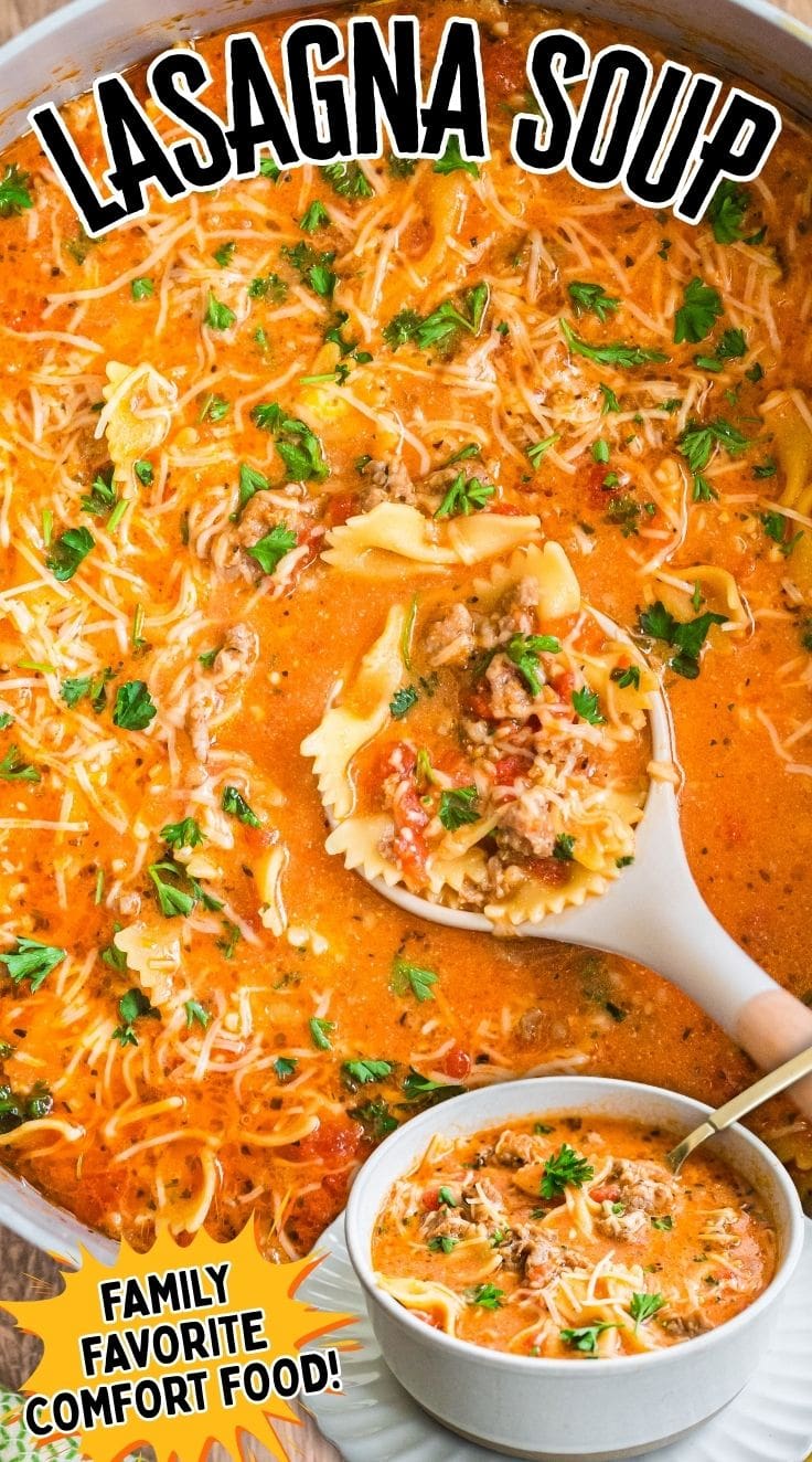 A ladle scooping into a pot of easy lasagna soup