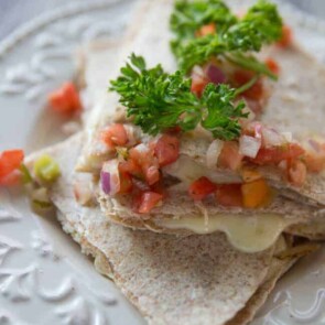 A close up of food on a plate, with Quesadilla