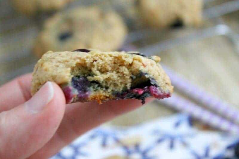 A half eaten piece of food, with Blueberry and Cookie