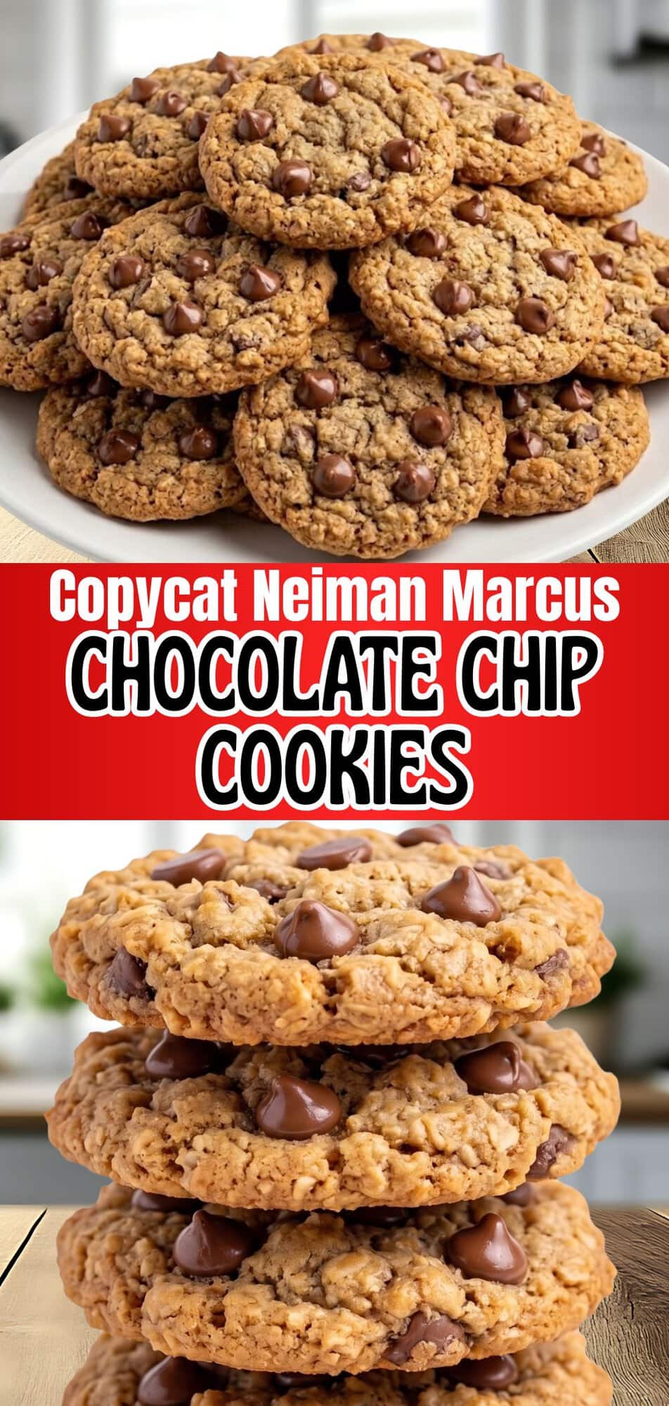 Copycat Neiman Marcus chocolate chip cookies piled on a plate and stacked on a table.