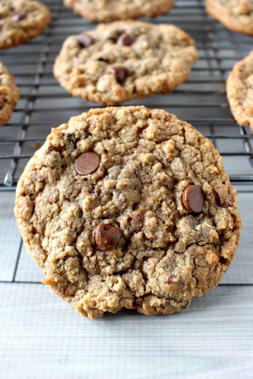 A close-up of a chocolate chip cookie in front of a wire rack.