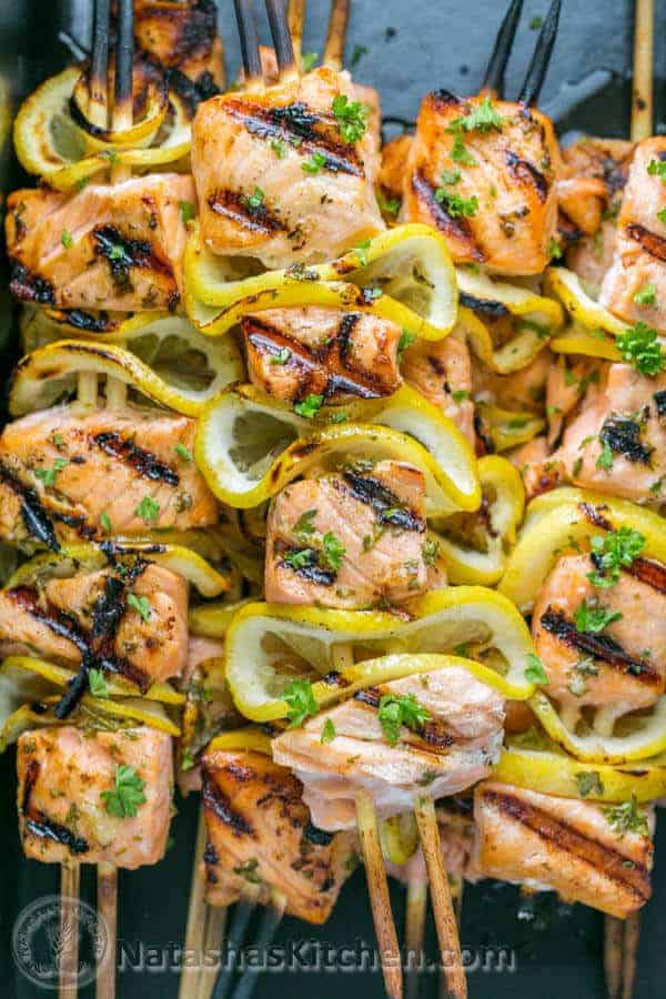 Grilled Salmon Skewers with Garlic and Dijon by Natasha's Kitchen 