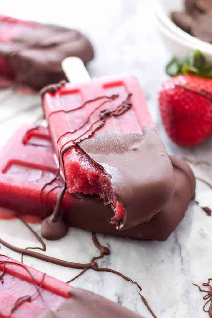 Chocolate Dipped Strawberry Wine Popsicles by Spoonful of Flavor