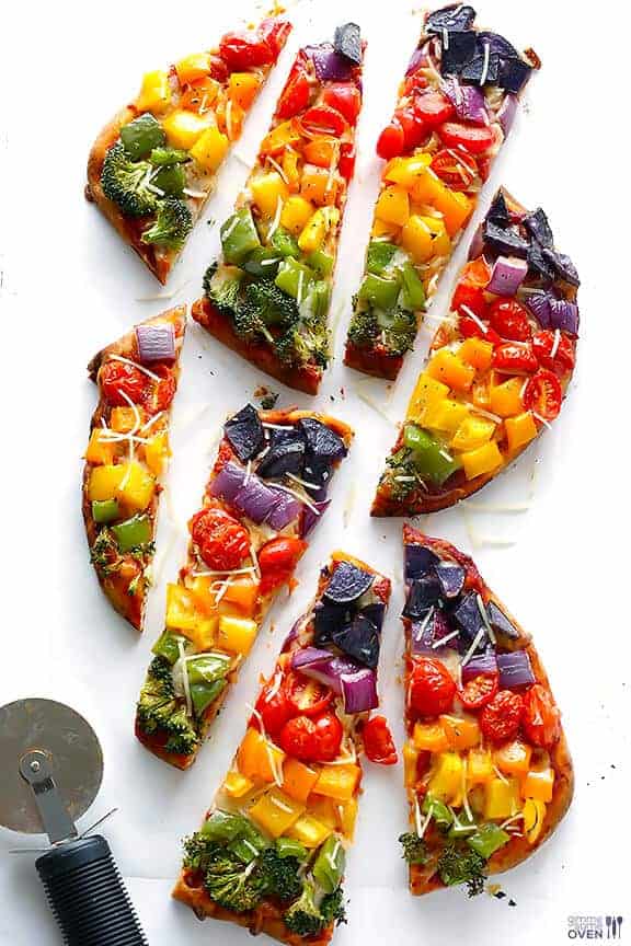 Rainbow Veggie Flatbread Pizza by Gimme Some Oven