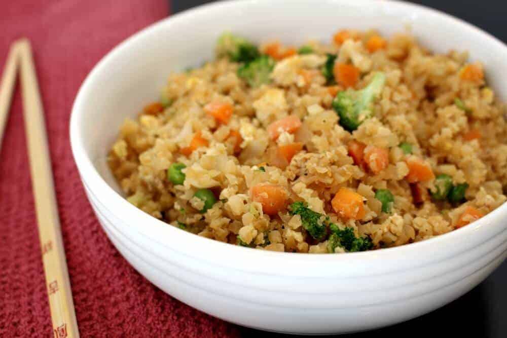 Cauliflower Fried Rice in a white bowl