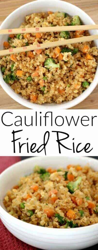 A pinterest image of Cauliflower fried rice with carrots and broccoli in a white bowl with chopsticks