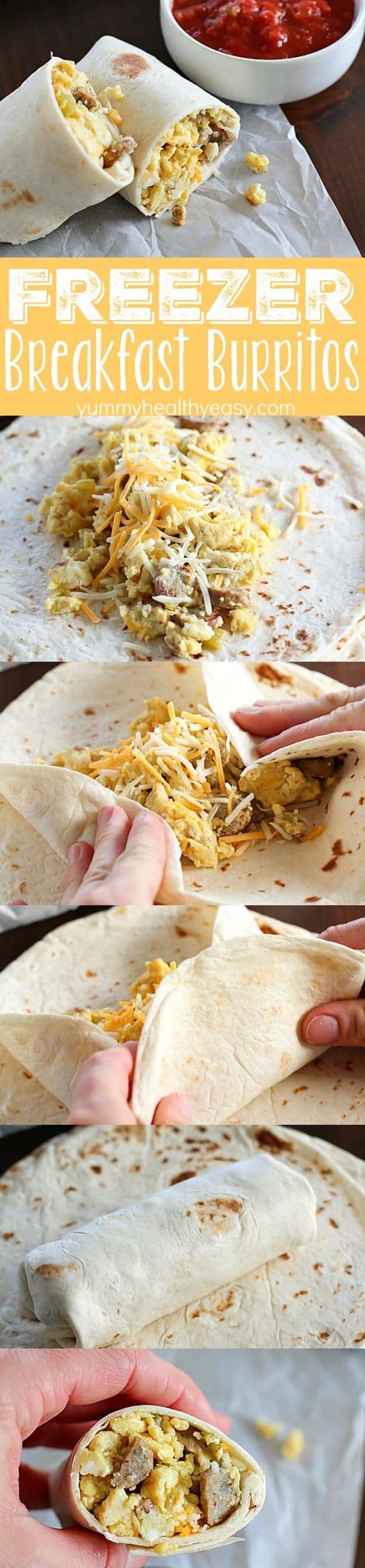 Freezer Breakfast Burritos Recipe from Yummy Healthy Easy #freezermeals #makeaheadmeals "Fix up a batch (so easy) and throw in the freezer. When you’re rushed in the morning, throw a freezer breakfast burrito in the microwave and you’re out the door with a healthy breakfast in minutes!"   